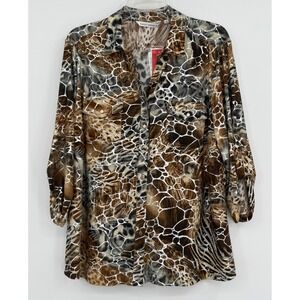NWT Emily Daniels Women Metallic Animal Print Roll-Tab Long Sleeves Tunic Top XL